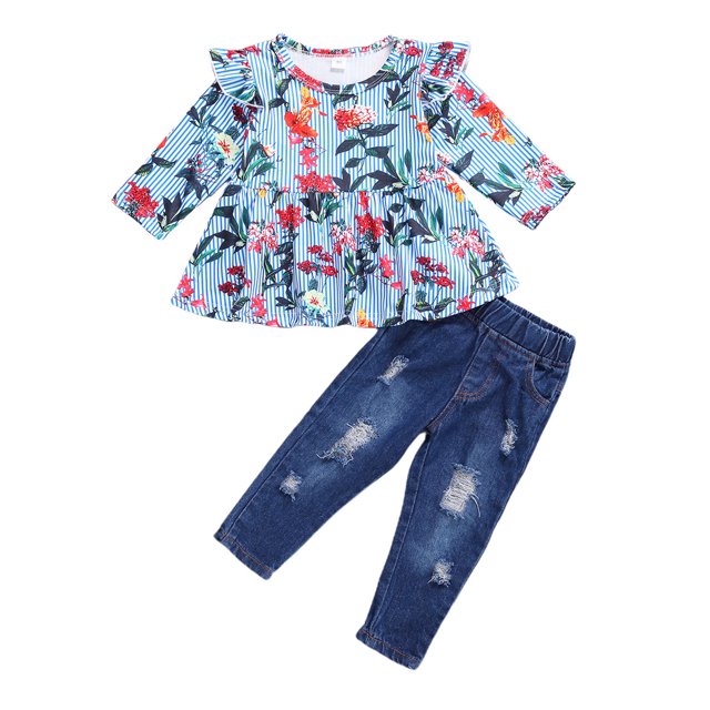 2 Pieces Kids Suit Set, Floral Print Round Neck Long Sleeve Top and Ripped Jeans for Girls
