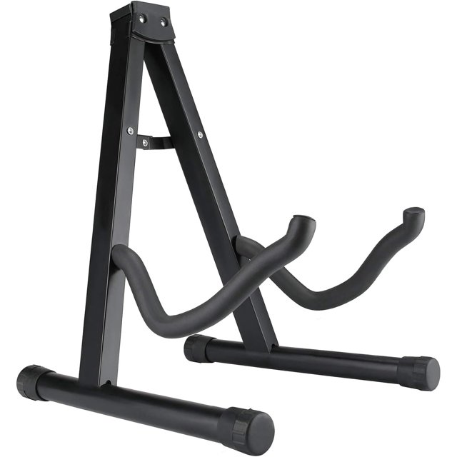 A-Frame Folding Guitar Stand by Dutchman, a versatile guitar accessory with a sturdy black metal frame and non-slip feet for stability on any surface. The stand features soft padding on the arms to protect your guitar from scratches, making it ideal for musicians seeking reliable and safe storage for their instrument.