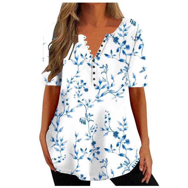Penkiiy Blouse Décontractée à Manches Courtes et Col en V pour Femmes, Imprimé, Été, Bleu Ciel