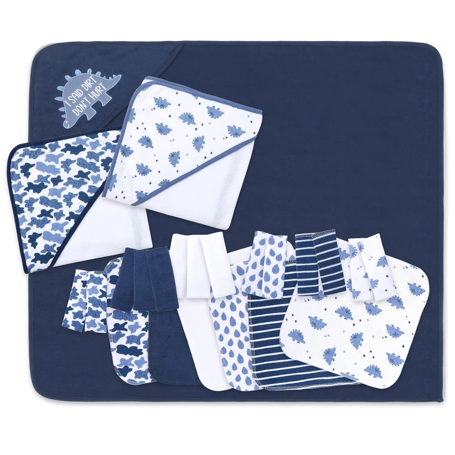 The Peanutshell Dinosaur Hooded Bath Towel and Wash cloth Set for Baby Boys - 23 Piece Baby gift Set