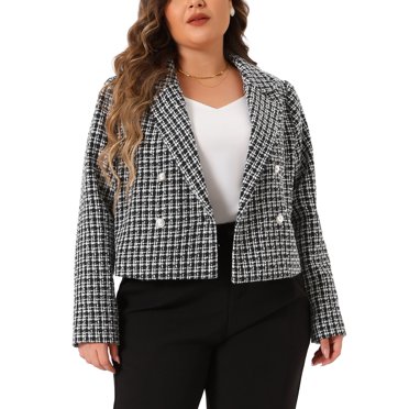 Unique Bargains Manteau Grande Taille pour Femmes Manches Longues Col à Revers Noir et Blanc Veste à Carreaux Noir 1X