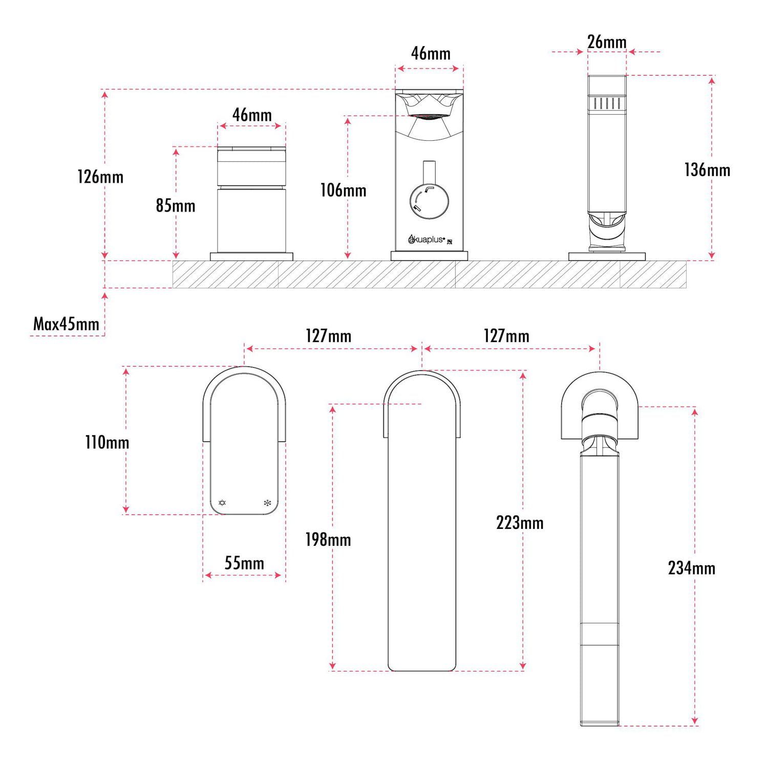 akuaplus® Roman Bathtub Faucet ELENA with Hand Shower in solid brass - 3 Pieces.