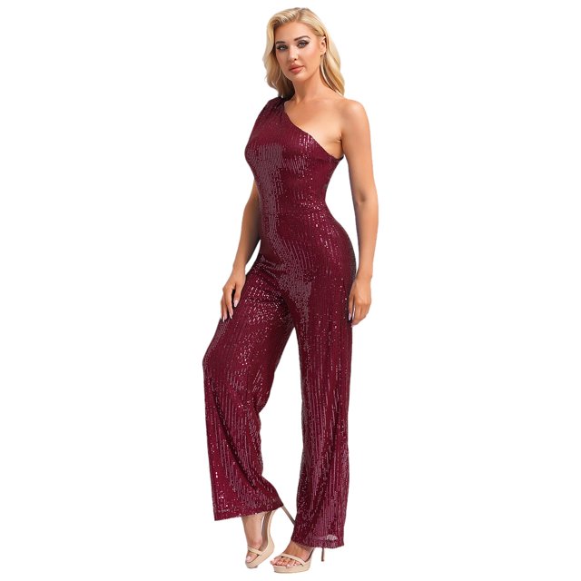 Xnihocha Combinaison une Pièce Sans Manches pour Femme, Robe de Soirée à une Épaule, Justaucorps à Paillettes, Robe de Soirée Bourgogne 3TG