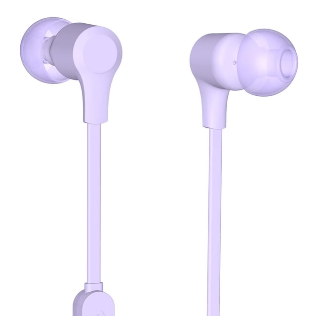 onn. Wired In-Ear Earphones with Lightning Connector in light purple, featuring soft silicone ear tips, tangle-free cords, and built-in microphone for hands-free calling, compatible with iPhone and iPad models, shown isolated on white background.
