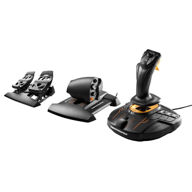 Thrustmaster T16000M FCS Flight Pack avec un joystick de Vol Noir avec accents orange, une Commande d'Accélérateur avec rail Coulissant et Marquages de Précision, et des Pédales de Gouvernail Doubles avec Repose-Pieds Texturés, Conçu pour la simulation de Vol en PC.