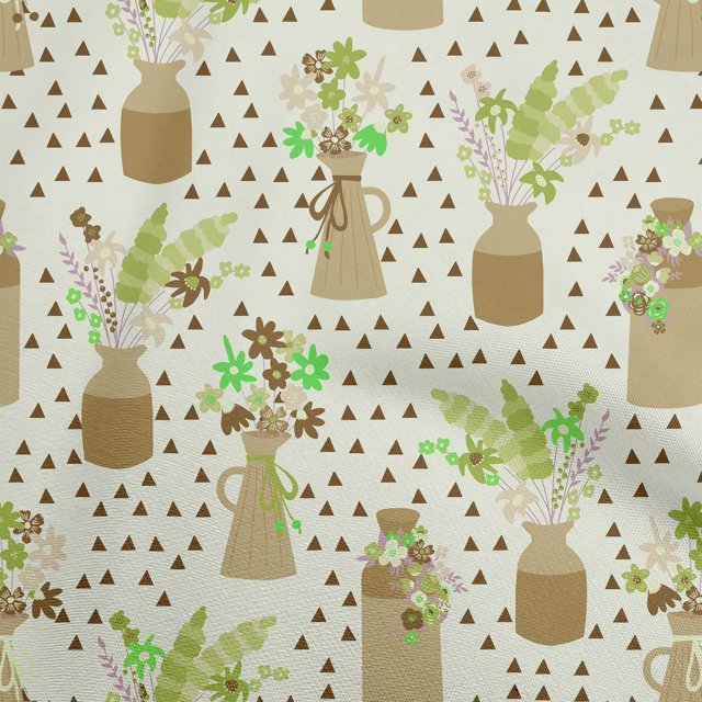 oneOone Viscose Chiffon Brown Fabric Floral Vase With Geometrical Craft Projects Decor Fabric Printed By The Yard 42 Inch Wide