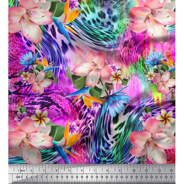 Soimoi Polyester Crepe Fabric Animal Skin & Tropical Flower Fabric Prints by Yard 42 Inch Wide