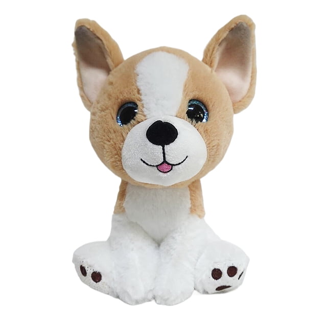 Kid Connection Plush Dog Cream 7.5inch plush toy dog with cream and white soft fur, large blue eyes, black nose, and embroidered smiling mouth with pink tongue, sitting upright showing paw pads, suitable for cuddling and as a soft companion.