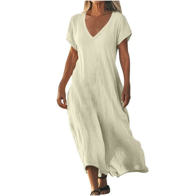 Dvprdro Robes d'Été pour Femmes 2025 Mode Col en V Manches Courtes Coton Lin Robe Maxi Décontractée Ample Boho Plage Soleil Longue Robe