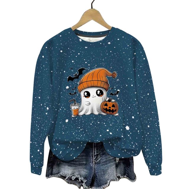 LMKIHUSA Chandails d'Halloween Fantôme pour Femmes Mode Décontractée Automne 2025 Chandail Kawaii Graphique Brillant Col Rond Chandail à Manches Longues Hauts Saison Effrayante Bleu Marine,TTTG