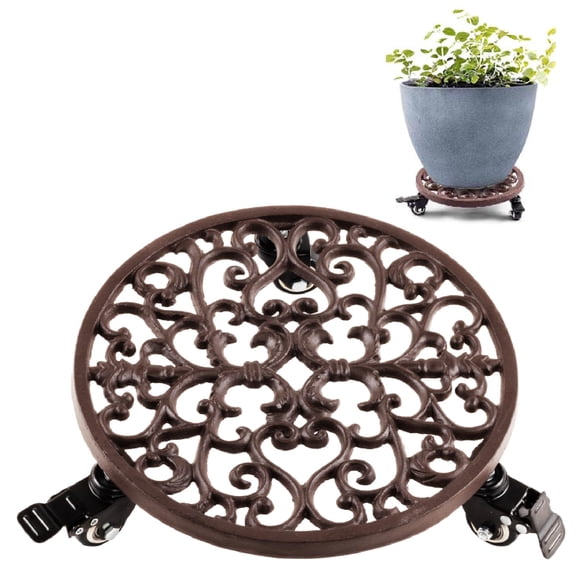 IDZO Capacity 350 lbs Plant Caddy with Wheels Heavy Duty Cast Iron Plant Stand with Lockable Wheels 12 Inch Classis Style Dark Brown
