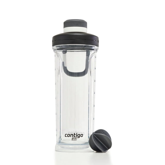 Contigo Fit Shake & Go 2.0 Tritan Protein Shaker Bottle with Leak-Proof Lid, 28 oz, clear plastic gym water bottle with black lid, detachable agitator ball, carry handle, dishwasher safe, ideal for mixing protein and energy drinks.