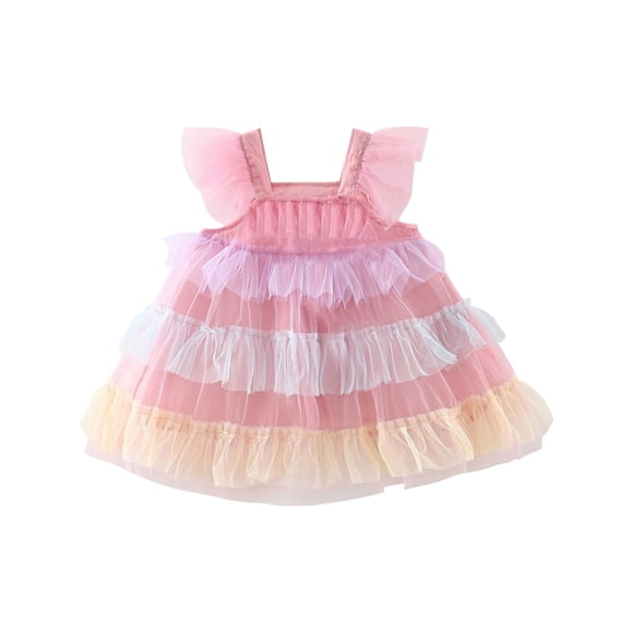 Halloween Dress for Girls in Clearance Toddler Kids Kids Girls Cute Summer Mesh Multicolour Print Flying Sleeve Dress Skirt Classic Tutu Skirts for Girls Fancy Dress for Girls Pinky New