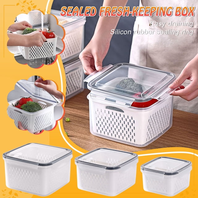 Vaidha Fruit Vegetable Storage Containers for Fridge, designed with a 3-in-1 system including an airtight lid, removable colander, and durable organizer bin. The image shows three white containers with transparent lids, suitable for storing fruits, vegetables, and meats. These microwave-safe and dishwasher-safe containers are displayed on a countertop, emphasizing their space-saving design and versatility for fridge and kitchen organization.