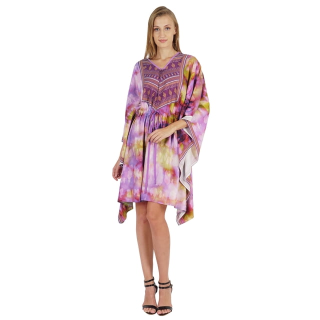 Bimba Robe Caftan Imprimée Maxi Robe Robe pour Femmes Tenue de Plage Courte Couvre-Maillot