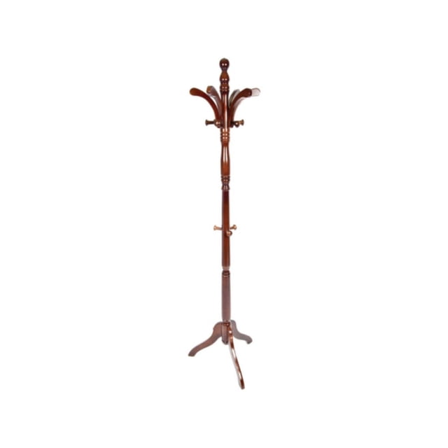 Wooden Coat Hanger in mahogany colour with a traditional design, featuring multiple curved hooks at the top and midsection for hanging coats and jackets, supported by a tripod base for stability, ideal for bedroom or closet organization.