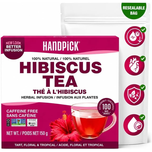 HANDPICK Hibiscus Tea Bags - 100 Count | Caffeine-Free, Pure Ingredients - Hibiscus Flowers | Brew Hot, Iced Tea or Kombucha Tea | Round Nutritious Herbal Tea Bags