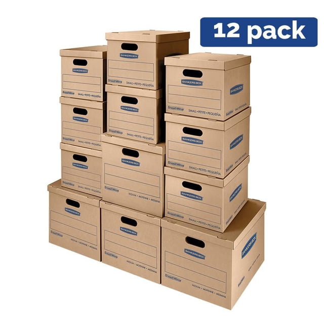 Bankers Box SmoothMove™ Classic Kit, Small/Medium, 12 pk featuring 8 small and 4 medium brown cardboard moving boxes with easy carry handles, lift-off lids, and durable double end and double bottom construction, reusable and recyclable, ideal for moving and shipping supplies.