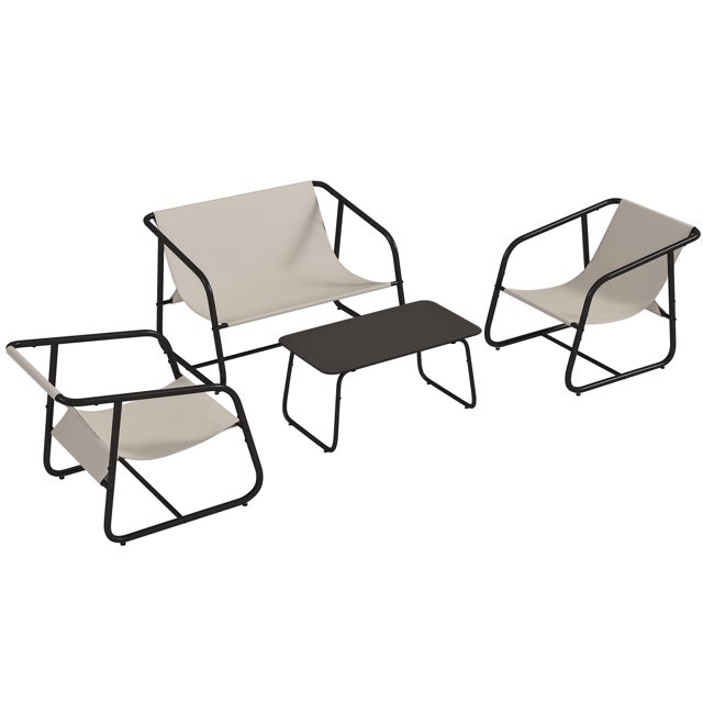 Outsunny Garden Furniture Set with Glass Table, Breathable Mesh, Cream