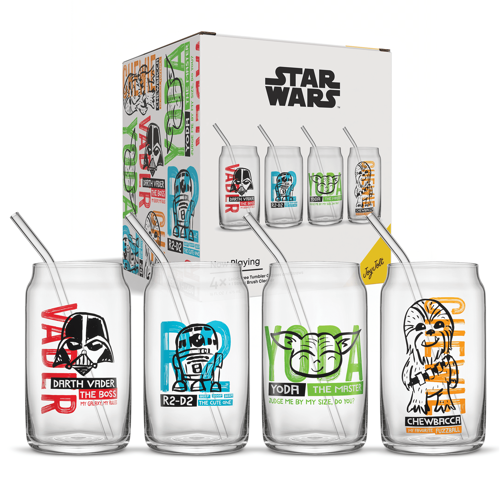 Set de verres Star Wars, avec pailles transparentes + 1 brosse de nettoyage, 16 oz (Set de 4)