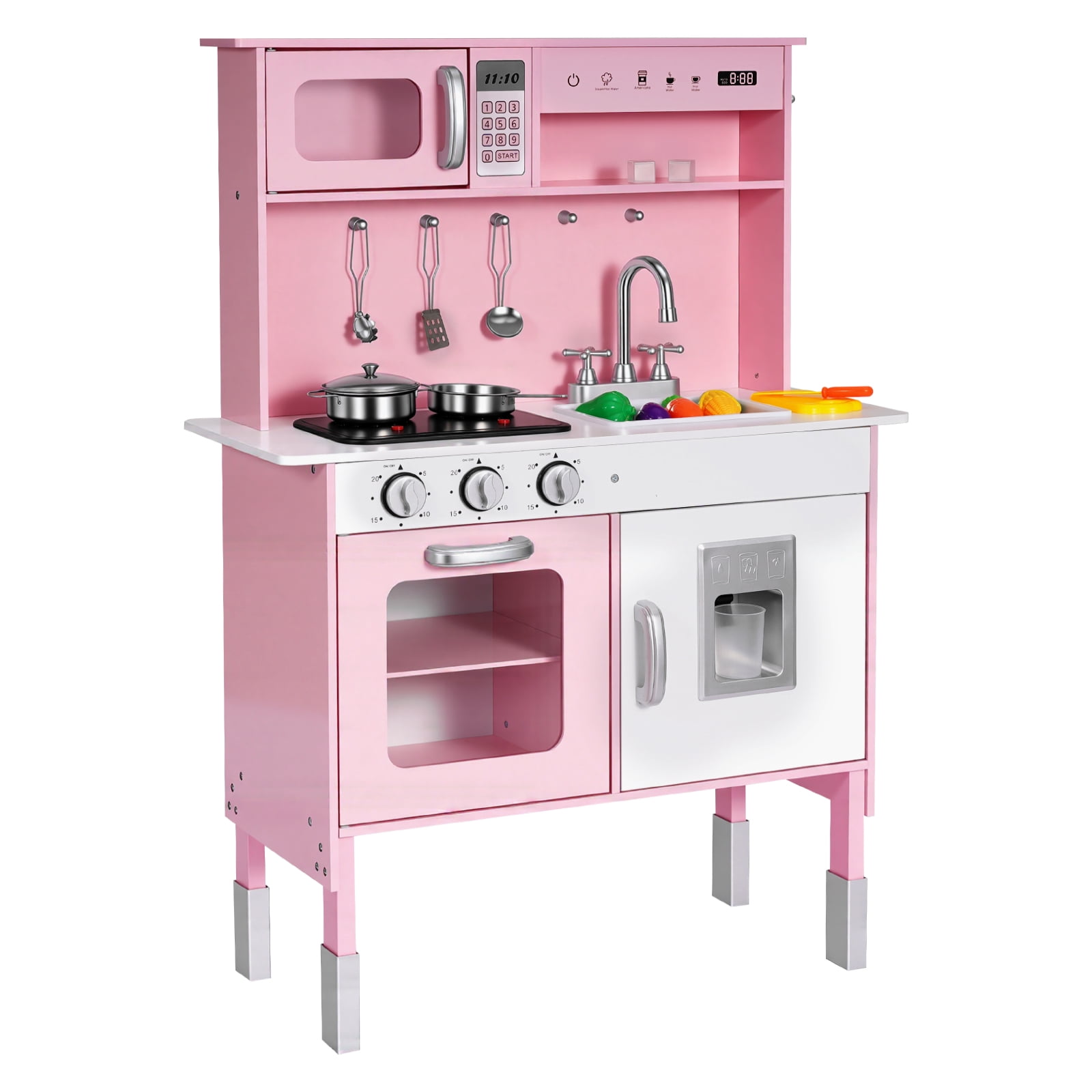 KFFKFF Play Kitchen for Kids, Wooden, Kids Kitchen Playset with Real Lights & Sounds, Food & Cookware, Pretend Play Toy Set, Microwave, Oven, Clicking Knobs, for Ages 3-8, Pink