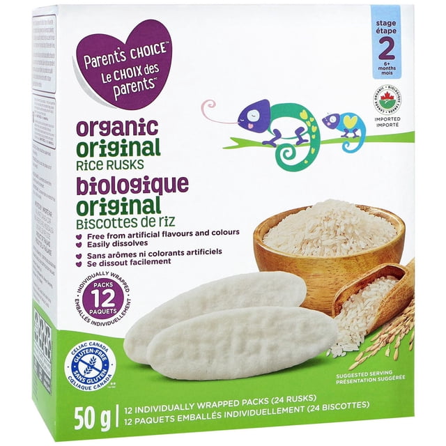 Parent’s Choice Organic Original Rice Rusks box containing 12 individually wrapped packs (24 rusks), gluten-free and certified organic rice biscuits for stage 2 infants 6 months and older, free from artificial flavours and colours, easily dissolves, with bilingual English and French text and illustrations of rice grains and chameleons.