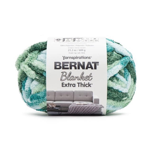 Bernat® Blanket Extra Thick™ #7 Jumbo Polyester Yarn in Teal Ivy, 21.2oz/600g, 72 yards, shown as a bulky skein with soft chenille texture in teal, green, and light blue shades, wrapped in a white label with Bernat branding and product details, ideal for quick, washable knitting projects.
