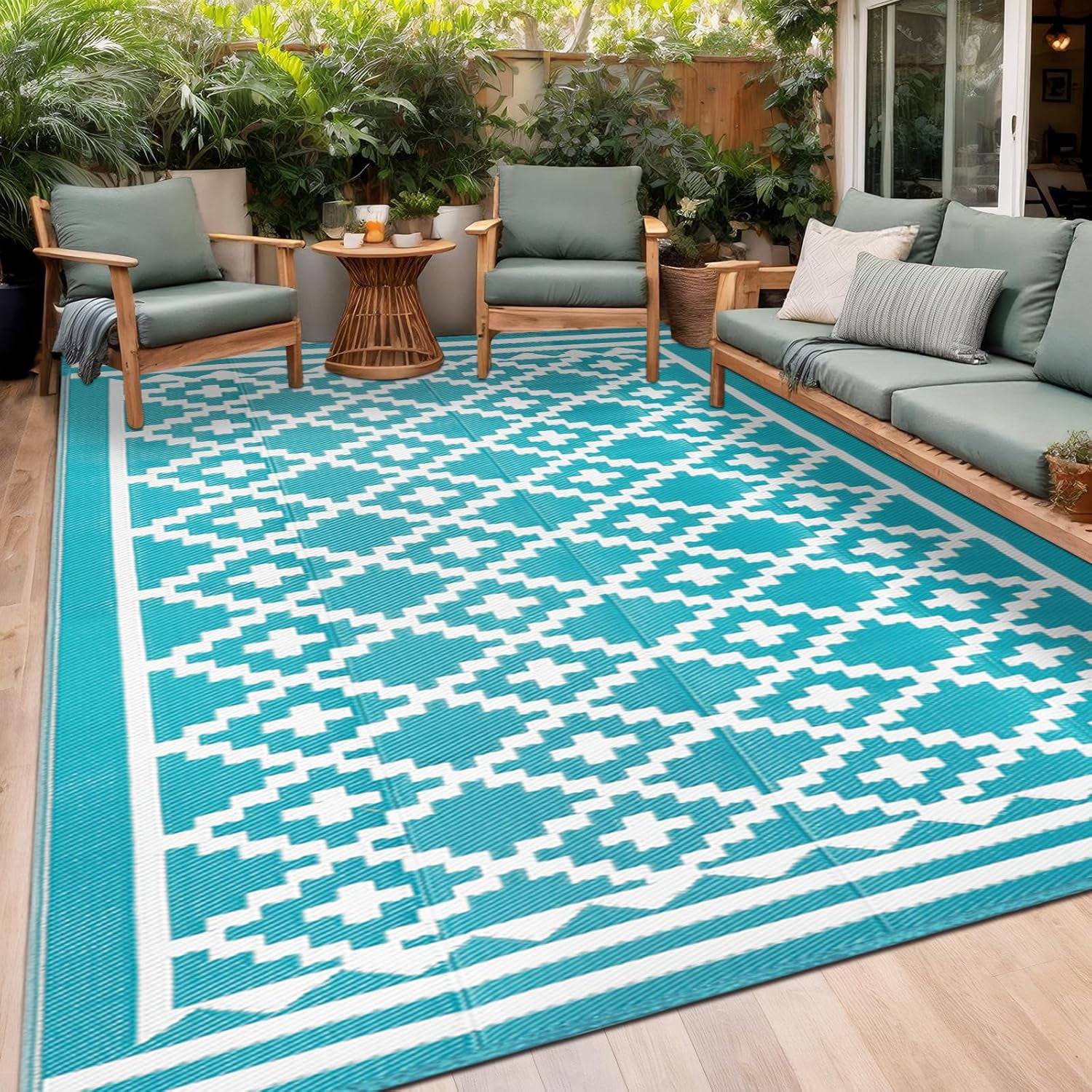 Outdoor Rug x Outdoor Carpet Reversible Patio Rug for Camping Large Outdoor Plastic Straw Area Rug Portable Geometric Mats for RV Backyard Deck Porch Beach Picnic Teal