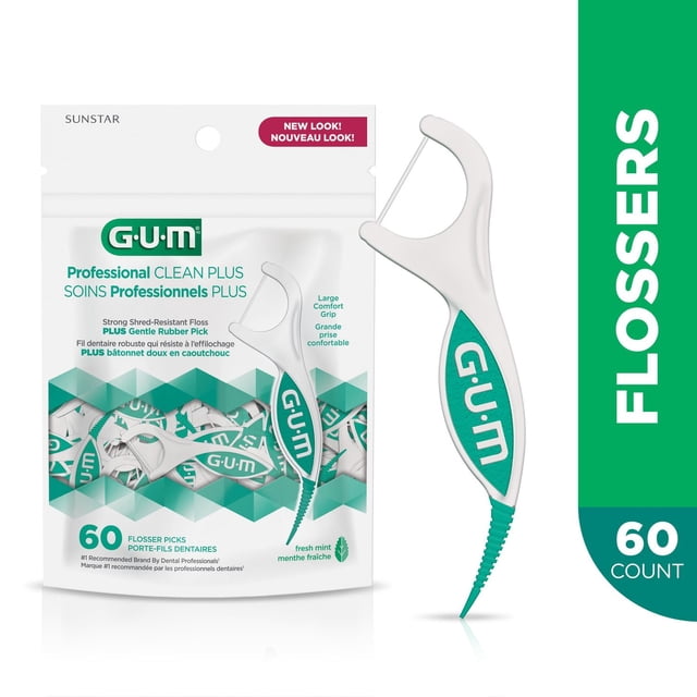 GUM® Professional CLEAN PLUS Flosser, Mint, with a white and teal ergonomic handle featuring shred-resistant floss and a gentle rubber pick for effective plaque removal and gum massage, displayed alongside a 60-count resealable package for oral care.