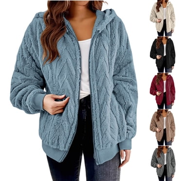 Nfurl Women's Fuzzy Fleece Jackets Textured Solid Color Zip Up Jackets with Hood Casual Long Sleeve Outerwear Ladies Fall Winter Coats Black M