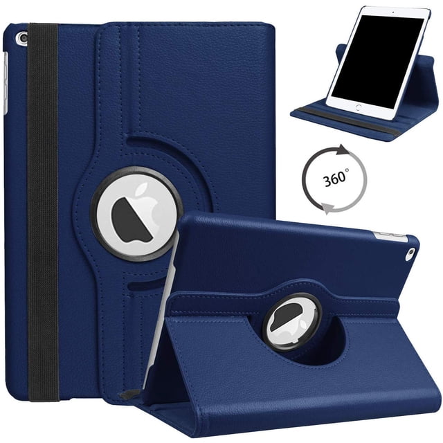 PST iPad 10.2" 7th 8th 9th Gen. Rotation Case, 360 Degree Rotating PU Leather Stand Smart Case Cover in a navy blue finish. Features a shockproof hard back for protection against drops, a soft microfiber lining to prevent screen scratches, and an elastic band for secure closure. The 360-degree rotating swivel allows for both vertical and horizontal viewing. Includes precise cutouts for easy access to ports, jacks, and the camera. Shown in a standing position with the Apple logo visible through the circular cutout.