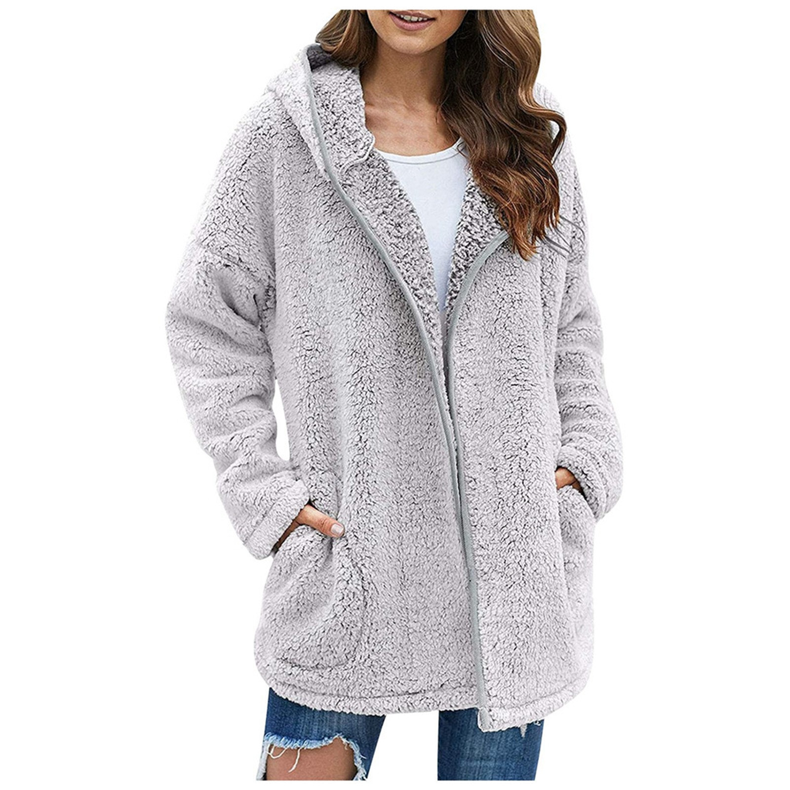 WEIYLL Womens Fleece Jacket Thick Knitted Cardigan Solid Color Sleeve Furry Grey Going Out Fall Tops Size XL