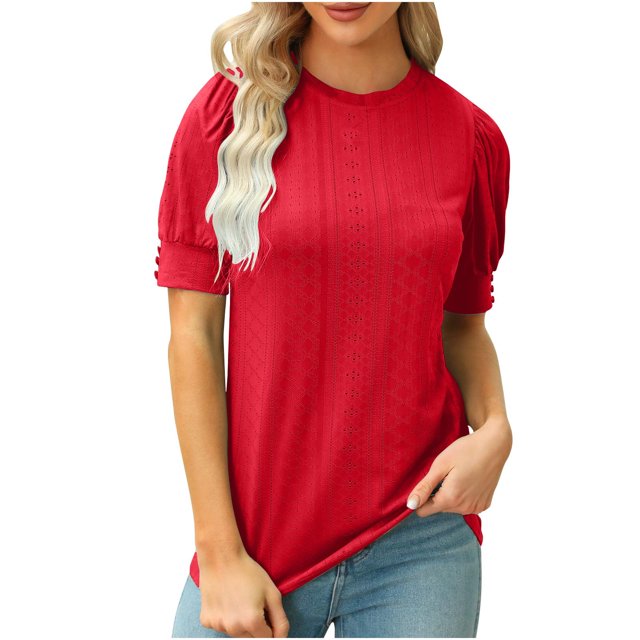 Timegard Hauts pour Femmes, Oeillets, Col Rond, Manches Courtes Bouffantes, Boutonné, Confortable, Couleur Unie, Tunique Décontractée