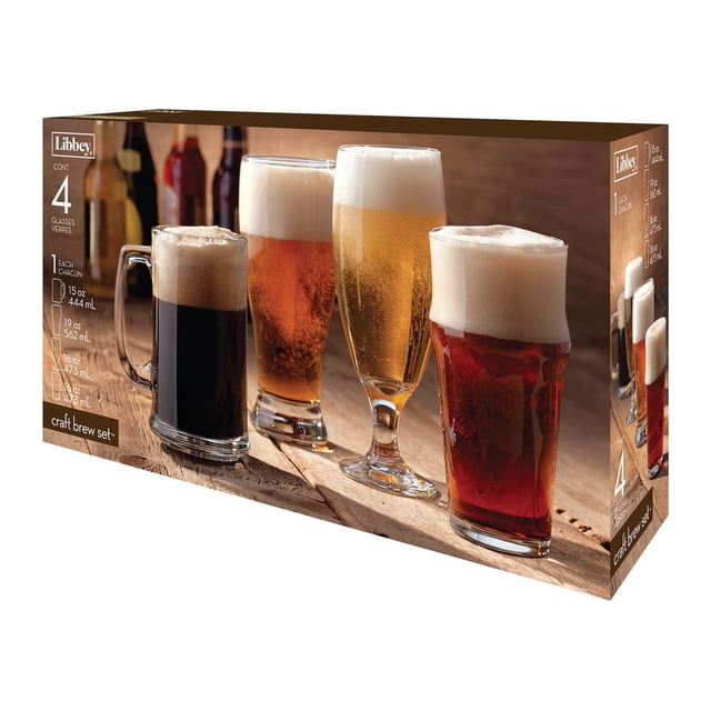 Libbey Craft Brew Set with four assorted beer glasses on a wooden surface, including a 15 oz mug, 19 oz pub glass, 16 oz pilsner, and 16 oz English pub glass, each filled with beer and topped with foam, designed to enhance beer flavour and suitable for serving various craft brews.