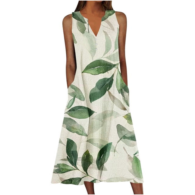 Ovzne Robes pour Femmes 2025 Robe Robe d'Été Décontractée pour Femmes Dégradé Sans Manches Col en V Longue Robe Robe Grande Taille Liquidation