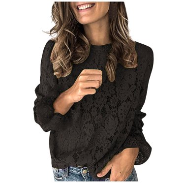 CEHVOM Woman's O-Neck Solid Color Loose Casual Fashion Lace Long Sleeve T-shirt Tops