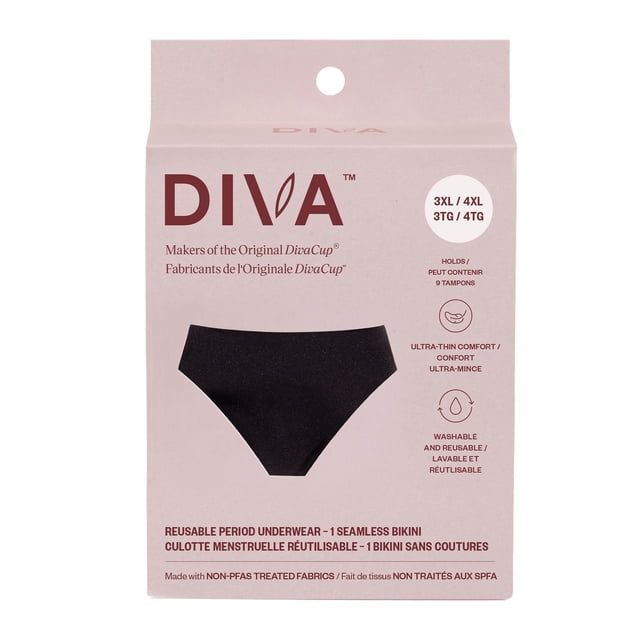 DIVA™ Reusable Period Underwear ultra-thin black bikini in size 3XL/4XL, shown in front-facing packaging with details on 9 tampon absorbency, ultra-thin comfort, washable and reusable fabric featuring moisture and odor control, made without PFAS.
