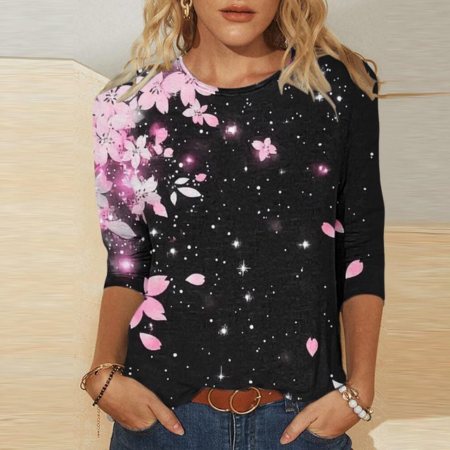 Babysbule T-Shirt d'Été à Manches 3/4 pour Femmes, Col Rond, Coupe Ample, Tunique Florale Mode 2025