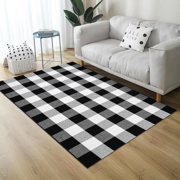 Cekene Buffalo Plaid Rug 90×150cm Black and White Checkered Area Rug Cotton Woven Indoor Outdoor Rugs for Entryway Living Room Front Porch Kitchen
