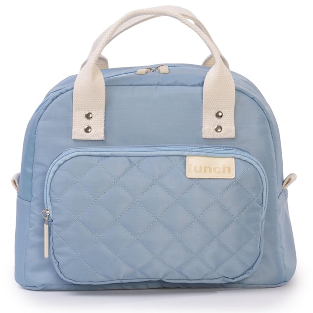 Jetstream Sac à Lunch Isolé pour Femmes en Bleu Pâle avec Doubles Sangles en Tissu Blanc, Poche avant Matelassée à Fermeture Éclair Étiquetée « Lunch », et Fermeture Éclair Complète sur le Dessus, avec Intérieur Isolé pour Garder les Repas Frais et surface Essuyable pour un Nettoyage Facile, Idéal pour un Usage Quotidien.