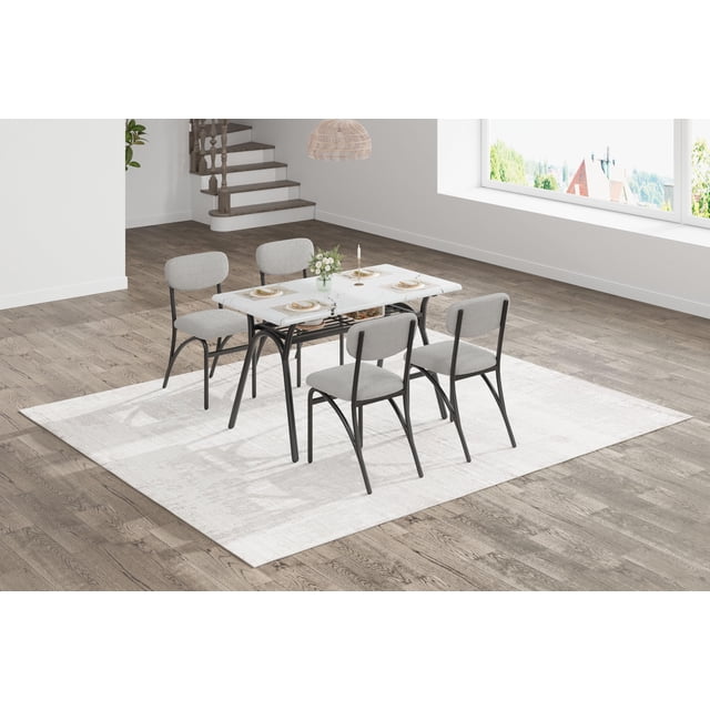 GloryStar 5-Piece Apartment Dining Set with Storage, Modern 43.3" Small Space Table & 4 Upholstered Chairs, Compact Kitchen Set for 4