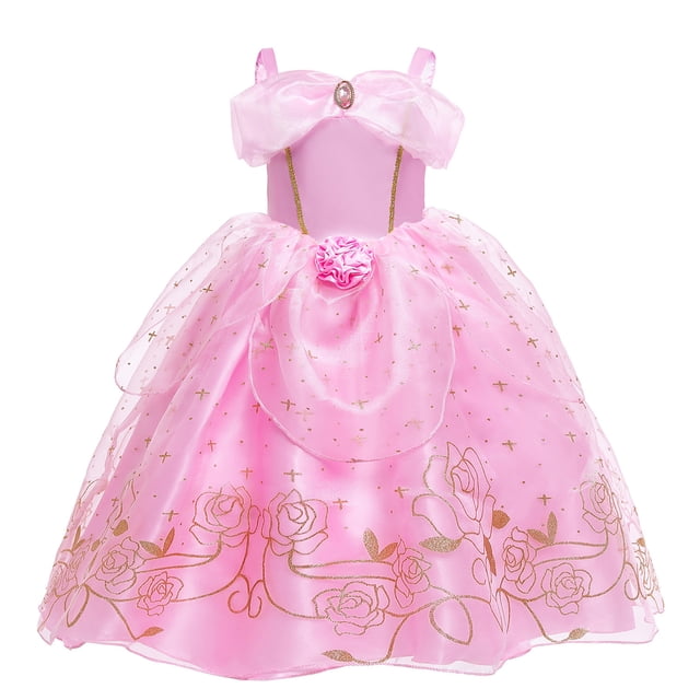 HAWEE Robe de Costume Princess Aurora pour Filles en rose, Inspirée de Sleeping Beauty. Cette Robe Présente un Style Épaules Dénudées avec des Bretelles spaghetti Sécurisées, un Encolure Froncée et une rose Décorative au Corsage. La Jupe en tulle à Plusieurs Couches Est Ornée de Broderie Florale Dorée et d'Accentures Scintillantes, Créant un Style Luxueux et Élégant. Idéale pour l'Halloween, les Fêtes d'Anniversaire Ou les Événements à Thème, Ce Costume Est Conçu pour les Filles de 3 à 10 Ans. Fabriqué en polyester et tulle pour le Confort et la Durabilité.