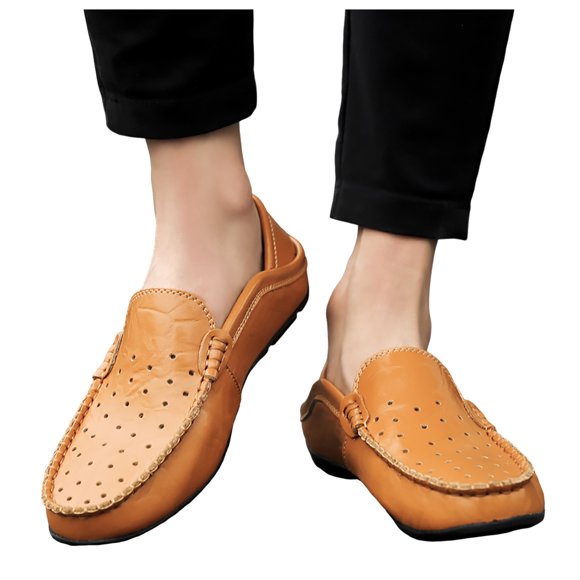 Loafers for Men Breathable Soft Leather Slip on Casual Dressy Shoes Fashion Moc Toe Hollow Out Slip On Sneakers Yellow Size 9