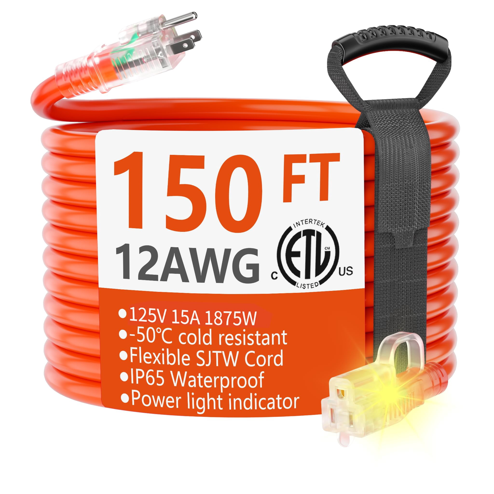 HUANCHAIN 150 ft Outdoor Extension Cord Waterproof 12/3 Gauge Heavy Duty with Lighted end, Flexible Cold-Resistant 3 Prong Electric Cord Outside, 15Amp 18
