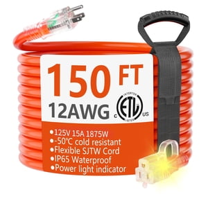 HUANCHAIN 150 ft Outdoor Extension Cord Waterproof 12/3 Gauge Heavy Duty with Lighted end, Flexible Cold-Resistant 3 Prong Electric Cord Outside, 15Amp 18