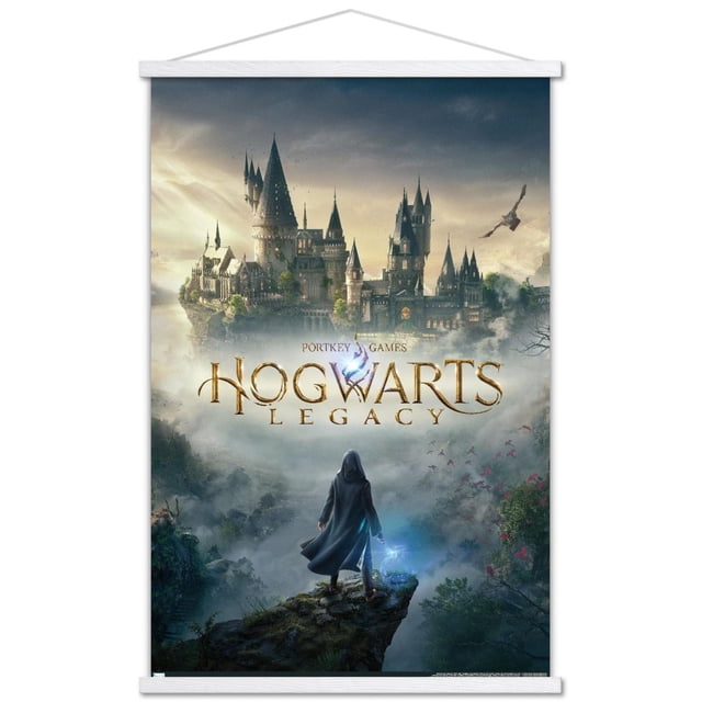 Harry Potter: Hogwarts Legacy - Key Art Wall Poster, 22.375" x 34", depicts Hogwarts castle with multiple spires under a cloudy sky, a cloaked figure holding a glowing wand stands on a rocky cliff overlooking mist and flying birds, printed on glossy paper with adhesive mounts for easy hanging, ideal for bedroom or office wall decor.