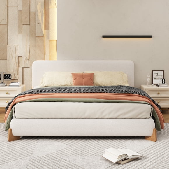 GDF Studio Cadre de Lit Très Grand Size Rembourré en Bouclé avec Tête de Lit, Lit Plateforme Élégant avec Coins Doux Arrondis, Style Moderne Luxueux, Blanc