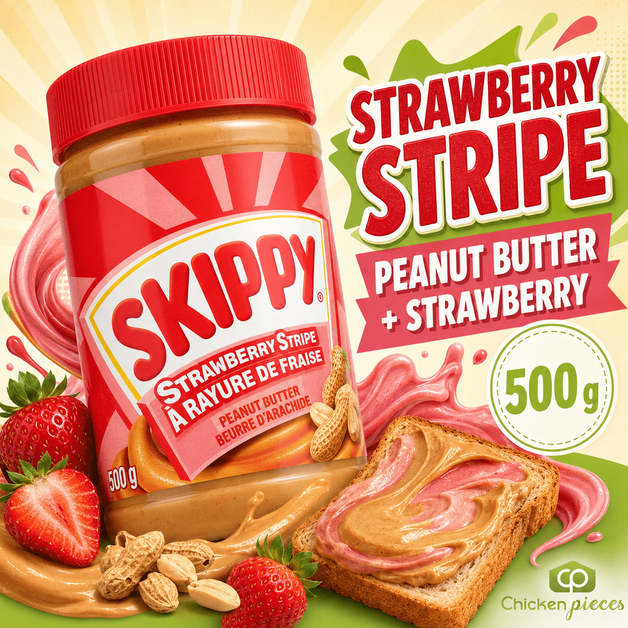 SKIPPY Strawberry Stripe Peanut Butter, 500g – Creamy Peanut Butter with Strawberry Flavoured Swirl for Toast, Sandwiches & Snacks