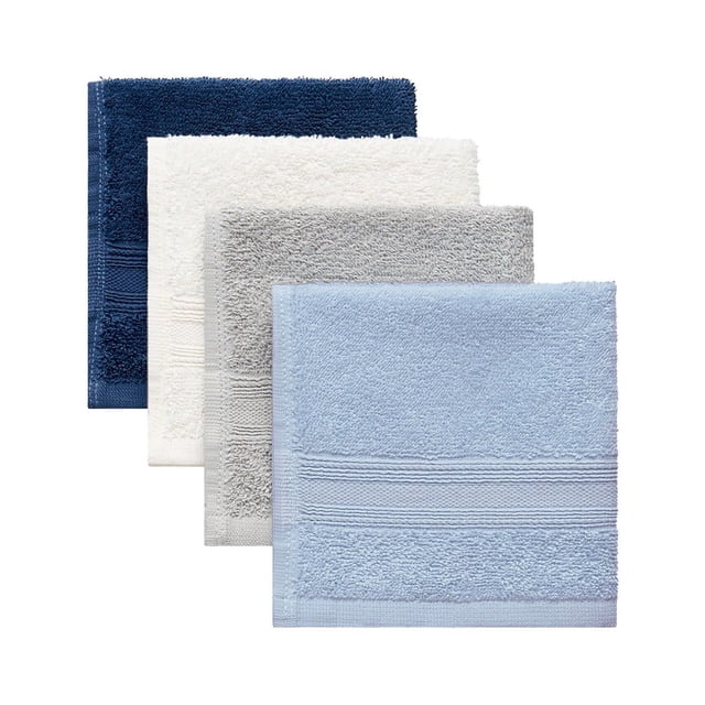 Mainstays Ensemble de Quatre Débarbouillettes Carrées de 12 Pouces en Bleu Marine, Blanc, Gris et Bleu Pâle, Faites de 100 % Coton Doux Filé à l'Anneau avec 450 G/m2, Conçues pour la Salle de Bain et l'Usage Général de Nettoyage avec une surface Absorbante Texturée.