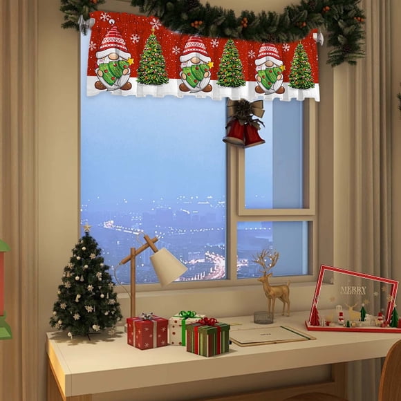 Red Christmas Window Curtain 137x45cm Polyester Festive Drapery Holiday Decorations for Home Kitchen Living Room Seasonal Short Valance for Small Windows Indoor Xmas Party Scene Setup